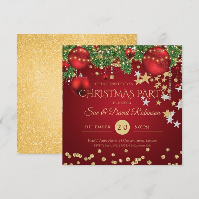 Elegante Gold Red Glitzer Weihnachtsfeier Einladung (Vorne/Hinten)