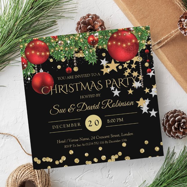 Elegante Gold Red Glitzer Weihnachtsfeier Einladung (Elegant Gold Red Glitter Christmas Holiday Party Invitation)