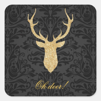 Elegante Gold Rentier Head Silhouette Black Damask Quadratischer Aufkleber