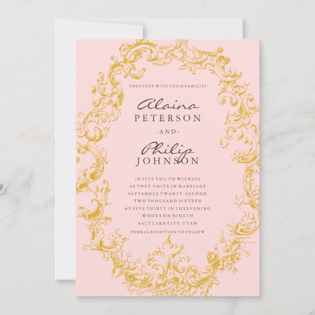 Elegante Gold & Rosa Rahmen Einladung zur Hochzeit (Vorderseite)