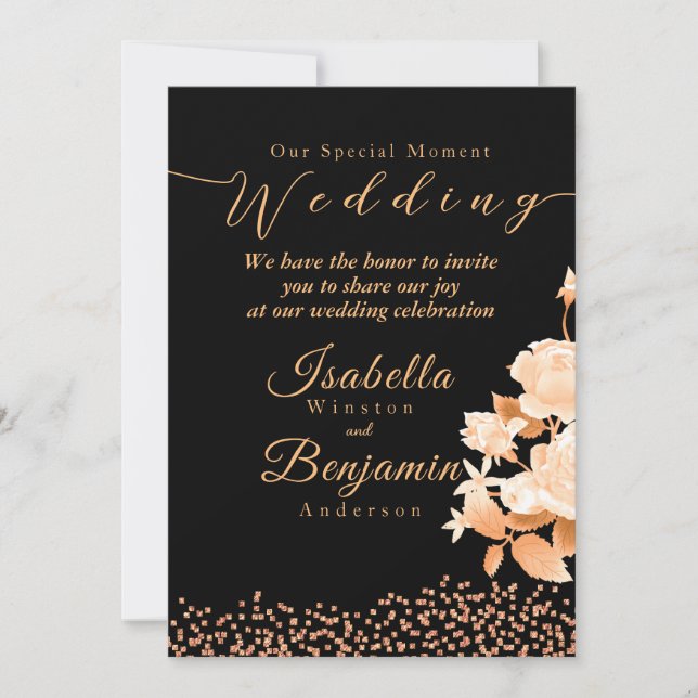 Elegante Gold Rose Black Wedding Einladungskarte (Vorderseite)