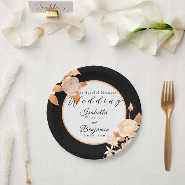 Elegante Gold Rose Black Wedding Pappteller (Hochzeit)