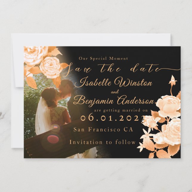 Elegante Gold Rose Black Wedding Save The Date (Vorderseite)