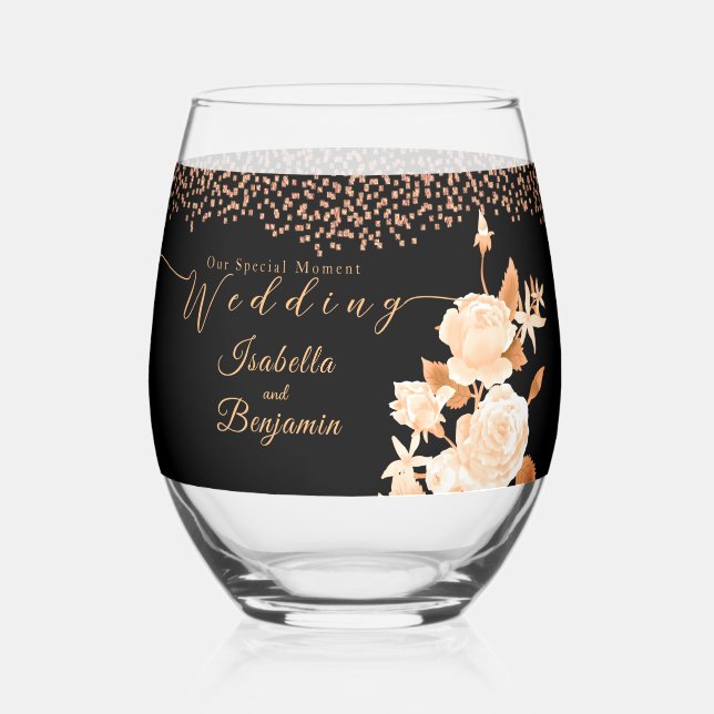 Elegante Gold Rose Black Wedding Weinglas Ohne Stiel (Vorderseite)