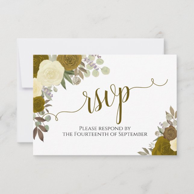 Elegante Gold Rose Blumenkalligrafie Hochzeit RSVP (Vorderseite)