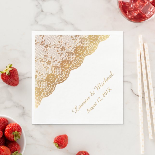 Elegante Gold Rose Border Imitats Hochzeit Serviette (Beispiel)