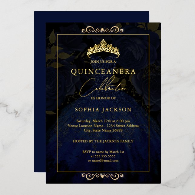 Elegante Gold Rose Dress Quinceanera Folieneinladung (Vorderseite/Rückseite)