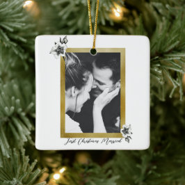 Elegante Gold Rose Erstes Verheiratetes Foto Keramikornament