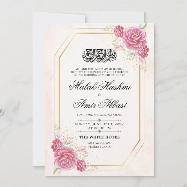 Elegante Gold Rose Nikah Islamische Hochzeit Einladung (Vorderseite)