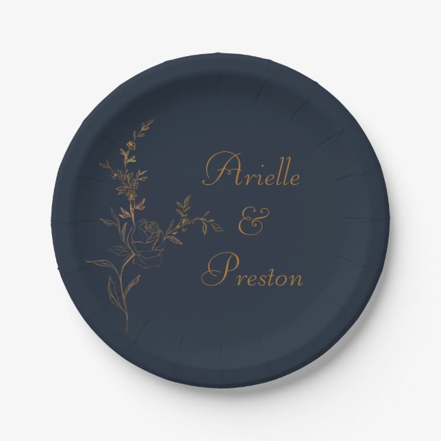 Elegante Gold Rose Stem auf Navy Paper Plate Pappteller (Vorderseite)