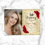 Elegante Gold Rote Rosen Foto 50. Geburtstag Einladung<br><div class="desc">Elegante florale feminine 50. Geburtstagseinladung mit Ihrem Foto. Glam-Design mit Imitaten Glitzer Gold. Enthält Streifen,  rote Rosen,  Skript-Schriftart und Konfetti. Ideal für ein stilvolles Party für Erwachsene. Personalisieren Sie Ihre persönlichen Daten. Kann für jedes Alter angepasst werden! Gedruckte Zazzle Einladungen oder Sofortdownload digitalen druckbaren Vorlage.</div>