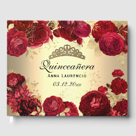 Elegante Gold Rote Rosen Quinceanera Custom Gästebuch