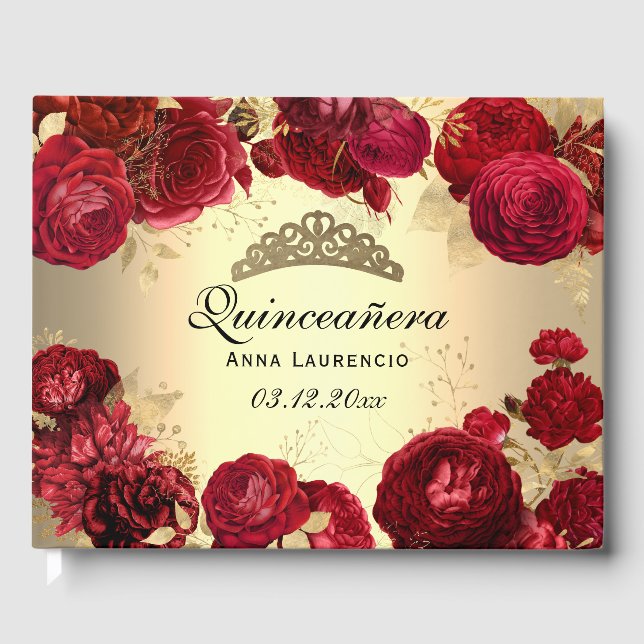 Elegante Gold Rote Rosen Quinceanera Custom Gästebuch (Vorderseite)
