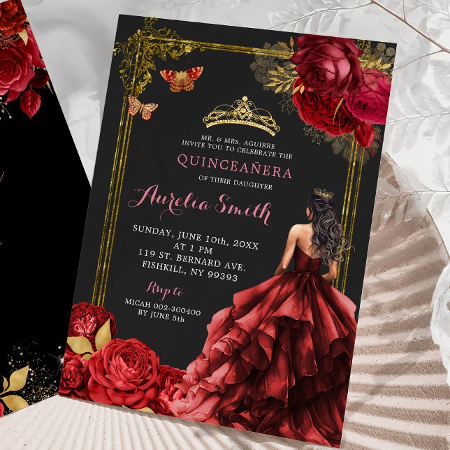 Elegante Gold Rote Rosen Royal Quinceñera Einladung (Von Creator hochgeladen)