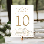 Elegante Gold Rustic Barn Wedding Tischnummer<br><div class="desc">Rustikale Stallkarten mit einer skizzierten Abbildung einer goldenen Scheune und eines goldenen Waldes am Ende des Designs mit weißem Hintergrund. "Table" wird in eleganter Goldkalligraphie mit der unten abgebildeten Tischnummer angezeigt. Design wiederholt sich auf der Rückseite. Um die Tischkarten zu bestellen, fügen Sie einfach jede Nummer in Ihren Warenkorb ein...</div>