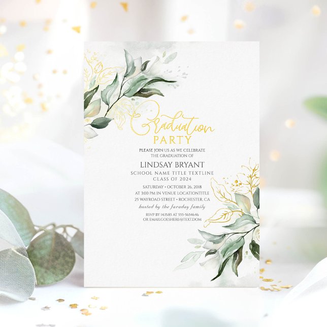 Elegante Gold Sage Greenery Boho Graduation Party Folieneinladung (Greenery Graduation Invitations)