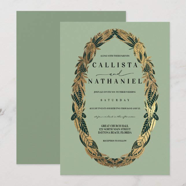 Elegante Gold Sage Grüne Blätter Hochzeit Einladung (Vorne/Hinten)