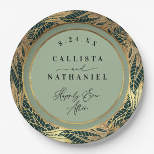 Elegante Gold Sage Grüne Blätter Hochzeit Pappteller