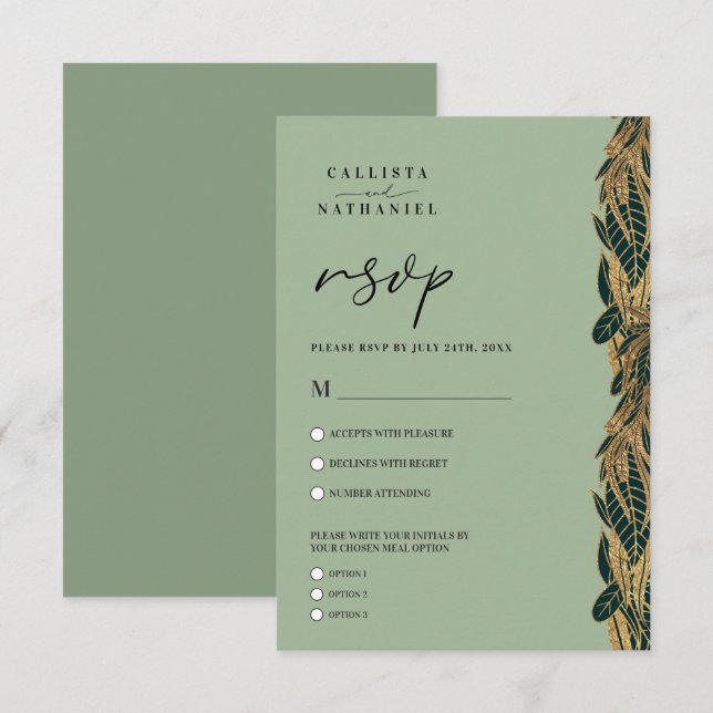 Elegante Gold Sage Grüne Blätter Hochzeit RSVP Karte (Vorne/Hinten)