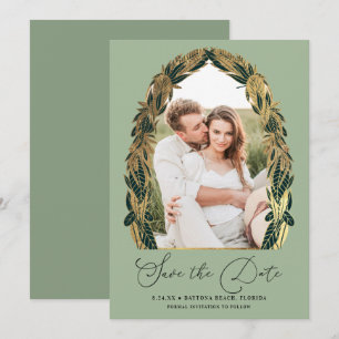 Elegante Gold Sage Grüne Blätter Hochzeit Save The Date