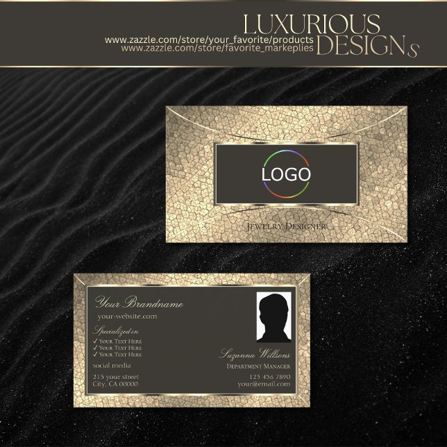Elegante Gold Schlange Dunkelbraun mit Logo und Fo Visitenkarte (Von Creator hochgeladen)