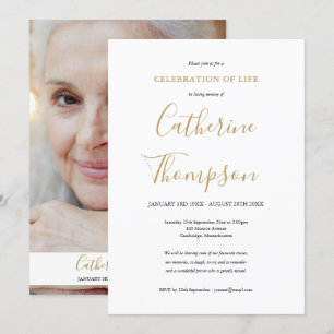 Elegante Gold-Schrift Foto-Trauerfeier Einladung