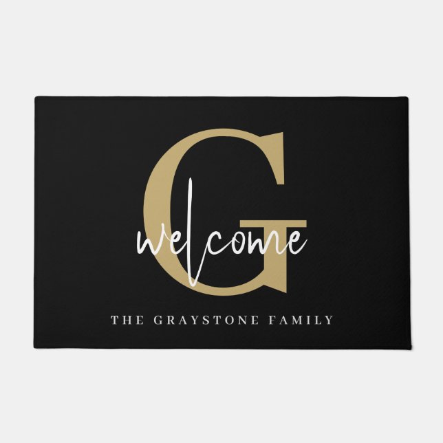 Elegante Gold Schwarz-weiß Monogram Family Willkom Fußmatte (Vorderseite)