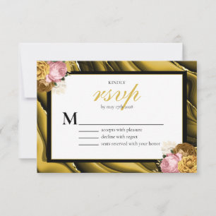 Elegante Gold-Schwarze-Rand-Blumenhochzeit RSVP Karte