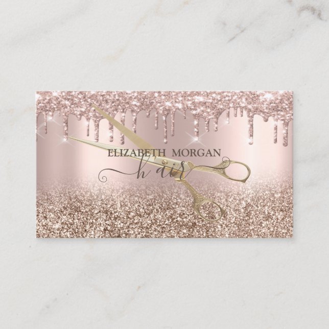 Elegante Gold Scissors Rose Gold Glitzer Tropfen Visitenkarte (Vorderseite)