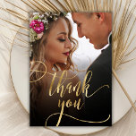 Elegante Gold Script 2 Foto Wedding Dankeschön Kar Dankeskarte<br><div class="desc">Modernes Boho Chic Gold Kalligraphie Script 2 Foto Hochzeit Dankeschön Karte. Stilvolle Hochzeit danke Ihnen Vorlage mit einem vollen vertikalen Foto auf der Vorderseite mit dem Text "Danke" in einem skurrilen Wirblen Handschrift Schrift Swash Schwanz Schriftart Drehbuch Imitate Goldfolie Overlay auf dem Bild. 2-seitige Karte mit 2 Foto. Einfaches Personalisieren...</div>