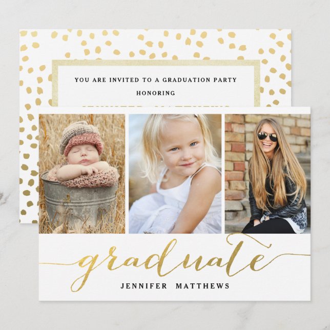 Elegante Gold Script 3 Foto Graduation Party Einladung (Vorne/Hinten)
