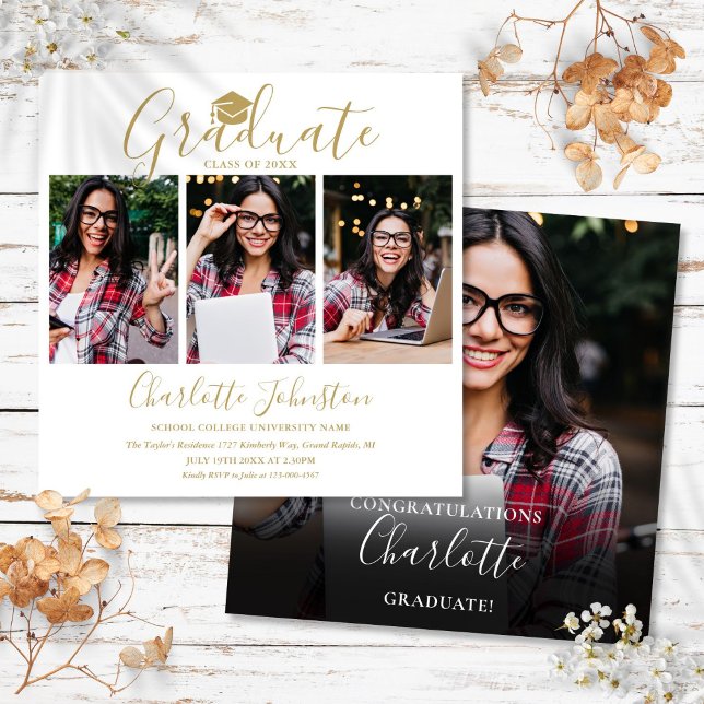 Elegante Gold Script 4 Foto Graduation Party Einladung (Elegant Gold Script 4 Photo Graduation Party Invitation)