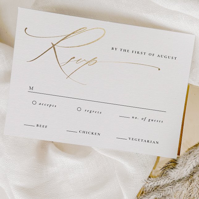 Elegante Gold Script Black and White Wedding RSVP Karte (Elegant gold script wedding rsvp cards.)