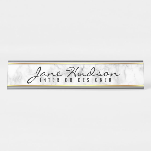 Elegante Gold Script Blume Moderne Schreibtischnam Schreibtischnamensplakette (Vorderseite )