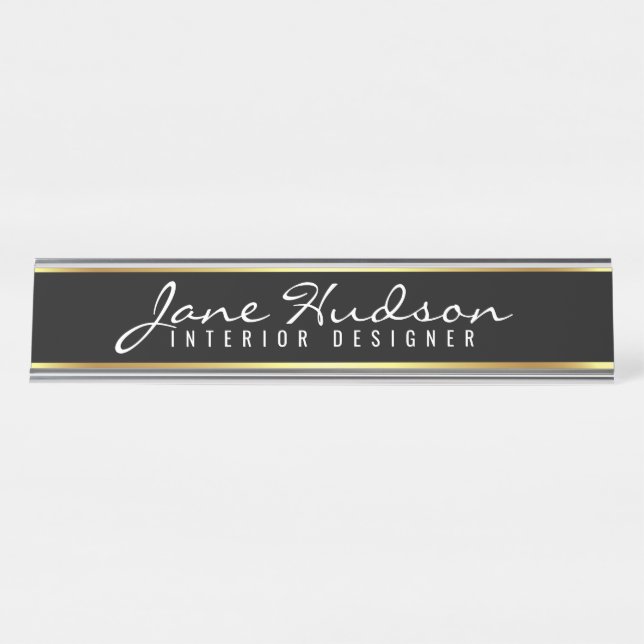 Elegante Gold Script Blume Moderne Schreibtischnam Schreibtischnamensplakette (Vorderseite )