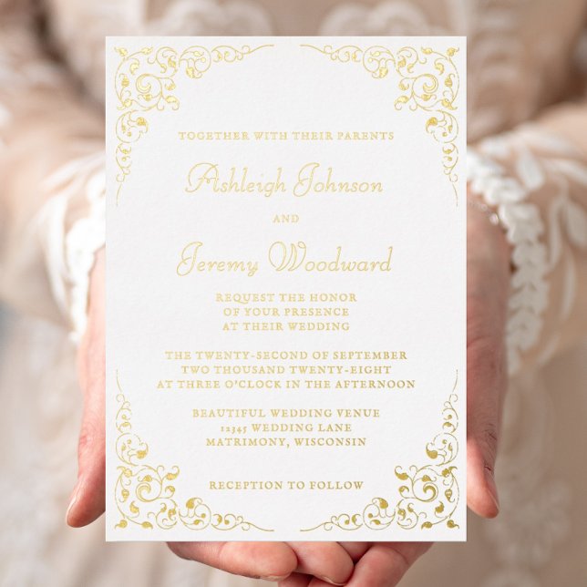 Elegante Gold Script Botanische RahmenWedding Folieneinladung (Von Creator hochgeladen)