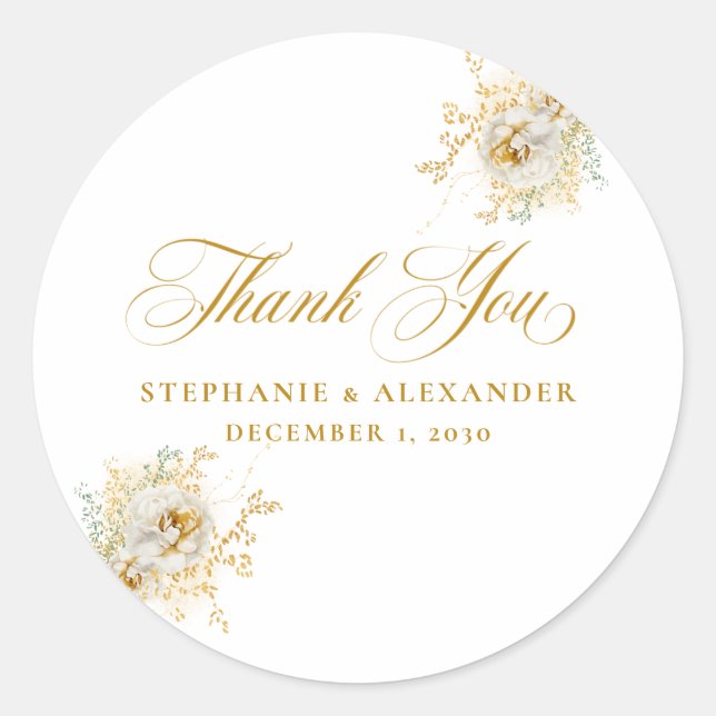 Elegante Gold Script Floral Wedding Runder Aufkleber (Vorderseite)