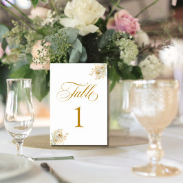 Elegante Gold Script Floral Wedding Tischnummer 1