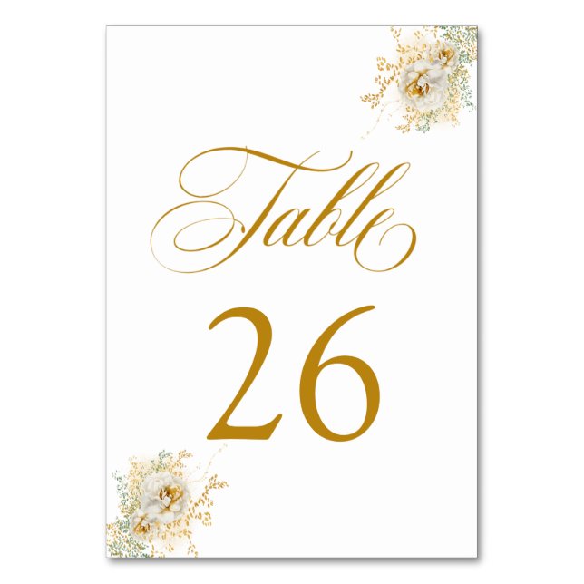 Elegante Gold Script Floral Wedding Tischnummer 26 (Vorderseite)