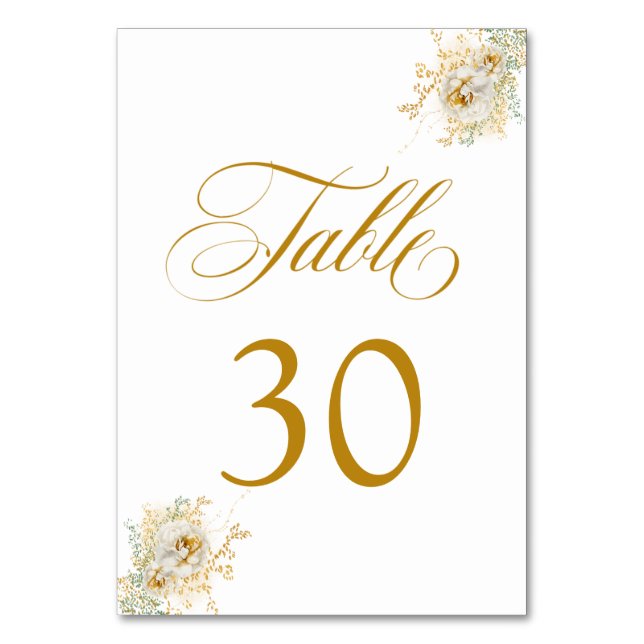 Elegante Gold Script Floral Wedding Tischnummer 30 (Vorderseite)
