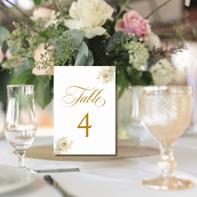 Elegante Gold Script Floral Wedding Tischnummer 4 (Von Creator hochgeladen)