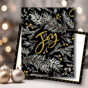 Elegante Gold Script JOY Pine Bough Berry Weihnach Feiertagspostkarte