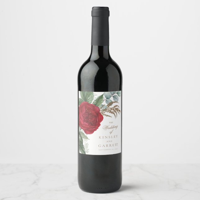 Elegante Gold Script Red Floral Wedding Weinetikett (Vorderseite)
