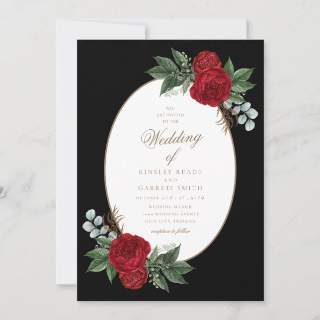 Elegante Gold Script Red Peonies Hochzeit Einladung (Vorderseite)