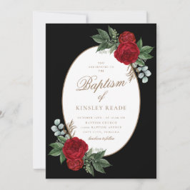 Elegante Gold Script Red Peonies Taufe Einladung