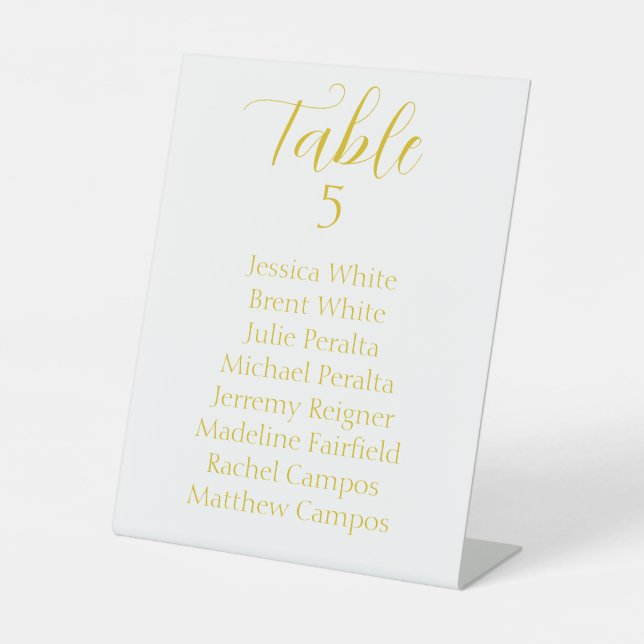 Elegante Gold Script Seating Chart Tabelle Sockelschild (Vorderseite)