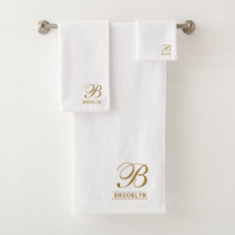 Elegante Gold Script Serif Monogram White Badhandtuch Set