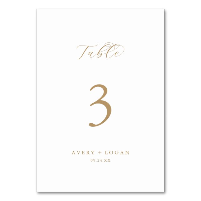 Elegante Gold Script-Tischnummer Tischnummer (Vorderseite)
