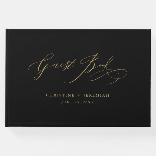 Elegante Gold Script Typografy Black Wedding Guest Gästebuch (Vorderseite)