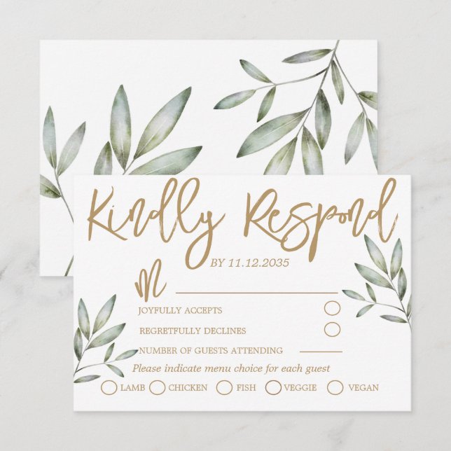 Elegante Gold Script und Sage Green Foliage Hochze RSVP Karte (Vorne/Hinten)